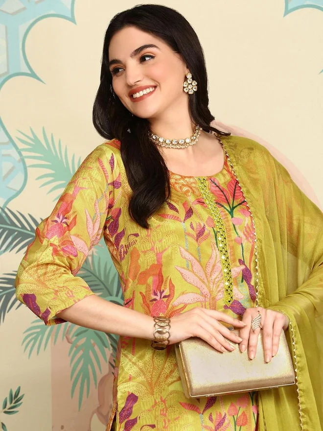 ISHIN ISHIN Women Yellow Floral Kurta with Pants and Dupatta Set
