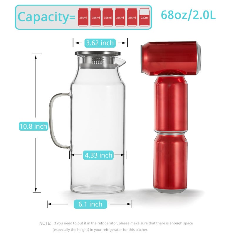Bivvclaz 2 Liter 68 oz Glass Pitcher with Lid and Handle, Glass Carafe for Hot/Cold Water, Large Iced Tea Pitcher for Coffee, Juice and Homemade Beverage - Image 2
