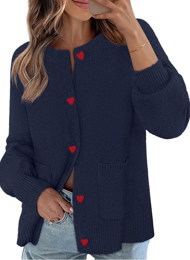 MEROKEETY Women's Cardigan Sweaters 2025 Trendy Long Sleeve Button Up Crewneck Knit Tops Cute Open Front Winter Coats, Navy, S - Image 1