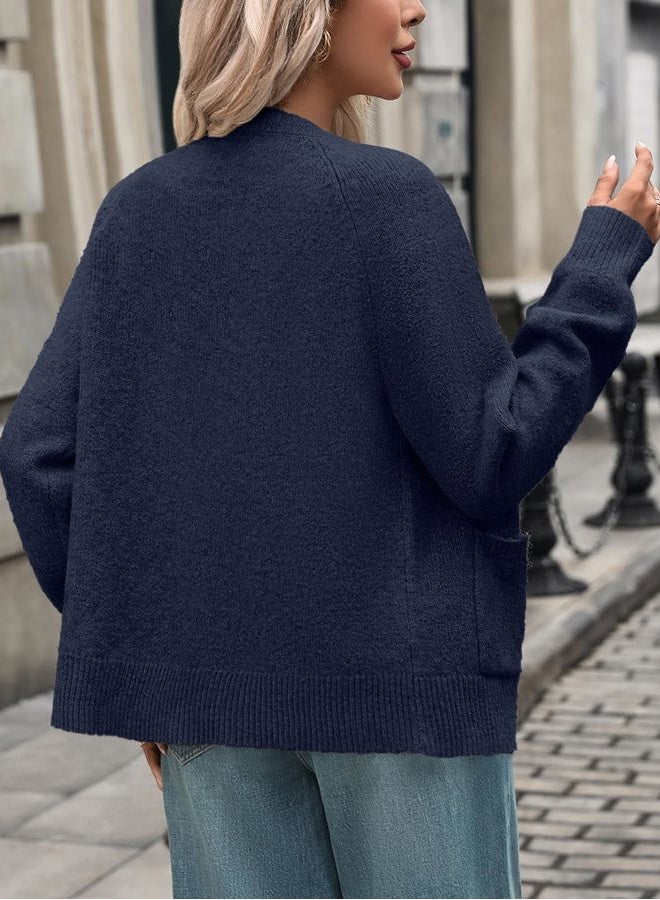 MEROKEETY Women's Cardigan Sweaters 2025 Trendy Long Sleeve Button Up Crewneck Knit Tops Cute Open Front Winter Coats, Navy, S - Image 3