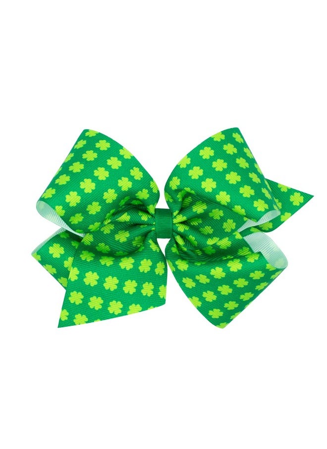 Wee Ones Wee Ones Girls' Shamrock Print Grosgrain Hair Bow on a WeeStay Hair Clip, King, Green w/Green  - Image 1