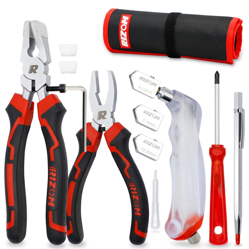Rizom Glass Cutters Tools, Glass Cutter 2-20MM, 8" Glass Running Pliers with Curved Jaws, 6" Breaker Grozer Pliers, Glass Cutting Tool for Stained Glass, Tiles, Mosaic Cutting - Image 1