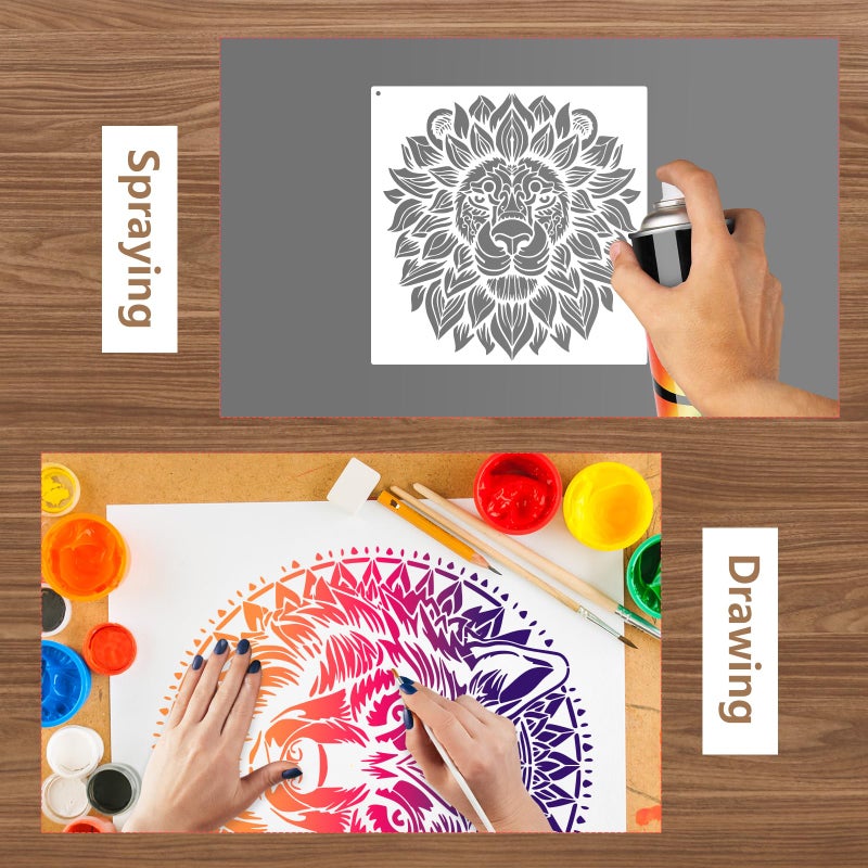 AFRITEE 9 Pcs Mandala Stencils for Painting on Wood, 12x12 Inches Large Reusable Animal Painting Stencil for Wood Burning, Turtle Tiger Wolf Crafts Drawing Spray Paint Template for Home Wall Canvas Decoration - Image 5