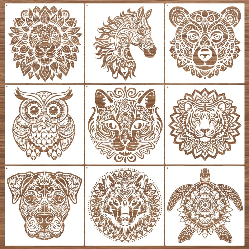 AFRITEE 9 Pcs Mandala Stencils for Painting on Wood, 12x12 Inches Large Reusable Animal Painting Stencil for Wood Burning, Turtle Tiger Wolf Crafts Drawing Spray Paint Template for Home Wall Canvas Decoration - Image 1