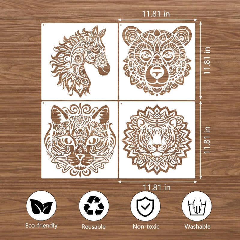 AFRITEE 9 Pcs Mandala Stencils for Painting on Wood, 12x12 Inches Large Reusable Animal Painting Stencil for Wood Burning, Turtle Tiger Wolf Crafts Drawing Spray Paint Template for Home Wall Canvas Decoration - Image 4