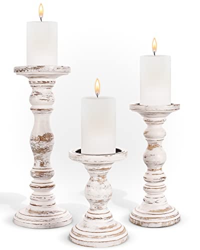Luxe Designs Large Candle Holders for Pillar Candles - Rustic Farmhouse Style Home Decor - Perfect for Table Centerpieces, Coffee Table or Fireplace Mantel - 3 Piece Set - White - Image 1
