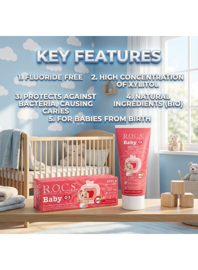 Rocs R.O.C.S. Baby Toothpaste | Apple Mild Care | Ages 0–3 Years | Fluoride Free & Safe to Swallow | 10% Xylitol | Natural Bio Ingredients | Clinically Proven Teeth & Gum Protection from Birth | 45g - Image 3