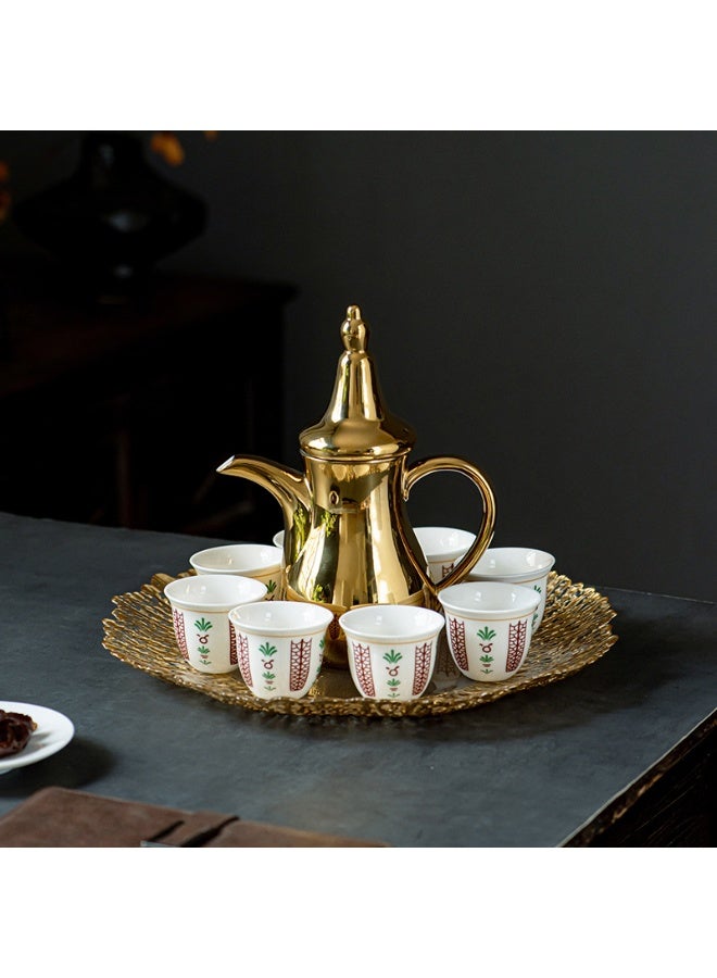 Luxury Ceramic Arabic Coffee Set (7 Pcs) – Gold Plated Dallah & 6 Floral Tulip Cawa Cups with Premium Grey Leather Gift Box – Heat Resistant, Mirror Finish Serving Set for Ramadan & Gifting - Image 3
