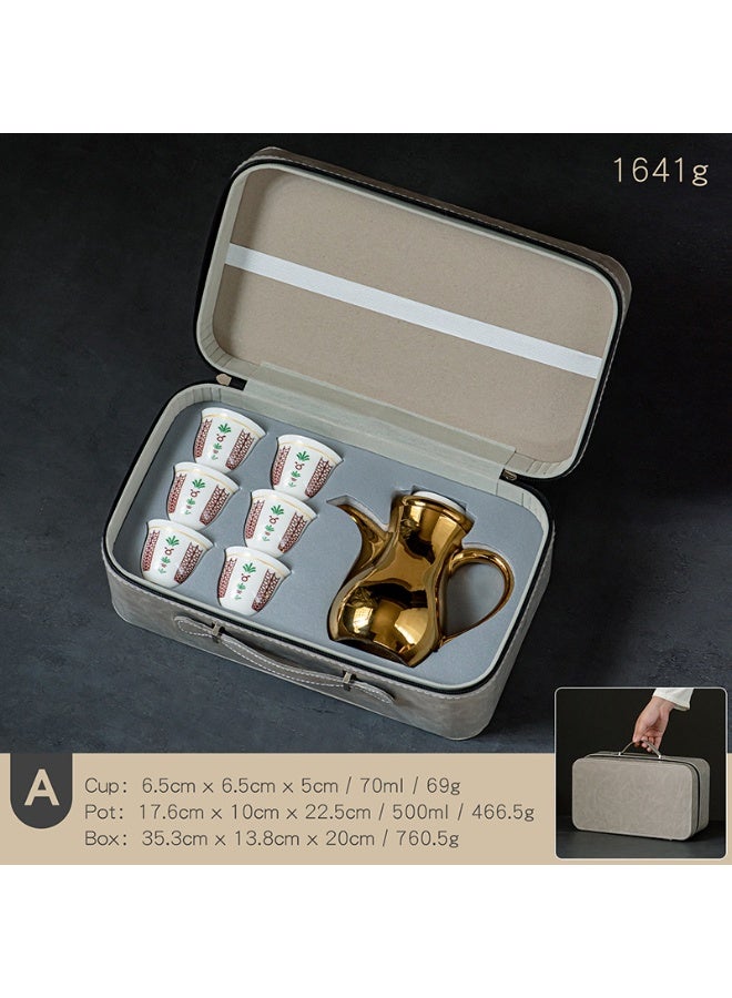 Luxury Ceramic Arabic Coffee Set (7 Pcs) – Gold Plated Dallah & 6 Floral Tulip Cawa Cups with Premium Grey Leather Gift Box – Heat Resistant, Mirror Finish Serving Set for Ramadan & Gifting - Image 2