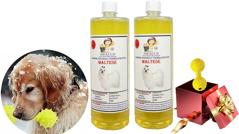 swacch Maltese Dog Shampoo + Dumbbell Toy I Durable Rubber Dog Toy for Chewing I Playing,Teeth Cleaning & Training Toy I Combo Pack I 1 Litre Pack of 2 Lemon - Image 1