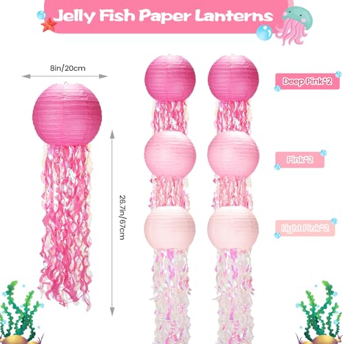 GAILROSO Jellyfish Paper Lanterns,Under The Sea Party Decorations 6Pack with String and Hooks,Hanging Jelly Fish for Mermaid,Ocean Themed,Birthday,Party(Pink 8Inch) - Image 2