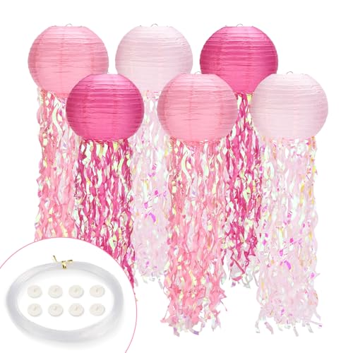 GAILROSO Jellyfish Paper Lanterns,Under The Sea Party Decorations 6Pack with String and Hooks,Hanging Jelly Fish for Mermaid,Ocean Themed,Birthday,Party(Pink 8Inch) - Image 1