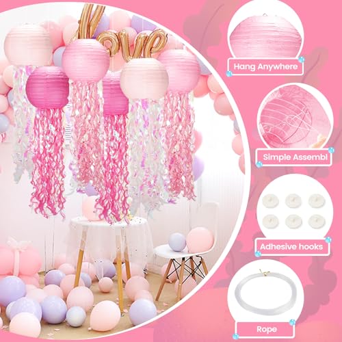 GAILROSO Jellyfish Paper Lanterns,Under The Sea Party Decorations 6Pack with String and Hooks,Hanging Jelly Fish for Mermaid,Ocean Themed,Birthday,Party(Pink 8Inch) - Image 3