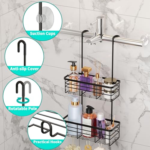 HapiRm Hanging Shower Caddy Organizer - No Drilling Shower Organizer with Hooks, Rustproof & Waterproof 304 Stainless Steel Bathroom Shelves - Black - Image 2