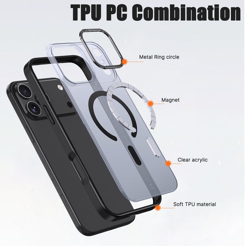 for iPhone 17 Pro Max Case Compatible with MagSafe,Magnetic Phone Case for iPhone 17 Pro Max,Skin-Friendly Hybrid TPU Hard Back Matte Cover,N52 Built-in Magnets,Metal Camera Frame Shockproof Case Black - Image 5