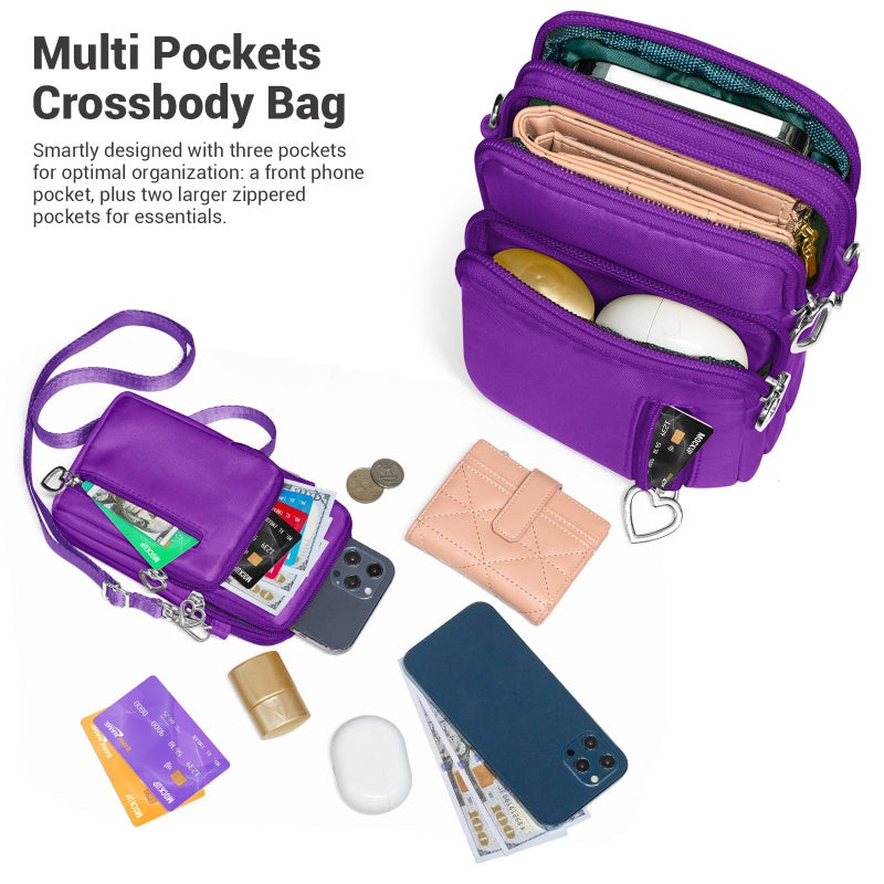 YINHEXI Small Crossbody Bags for Women Trendy, Mini Triple Compartment Cell Phone Crossbody Wallet Purses (Purple-2) - Image 3