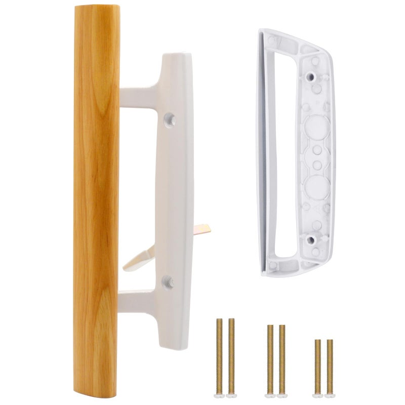 TPard Sliding Glass Patio Door Handle Replacement Set with Oak Wood Inside Handles and Zinc Diecast Outside Pull, 3-15/16" Hole Spacing, Non-Handed, White - Image 1