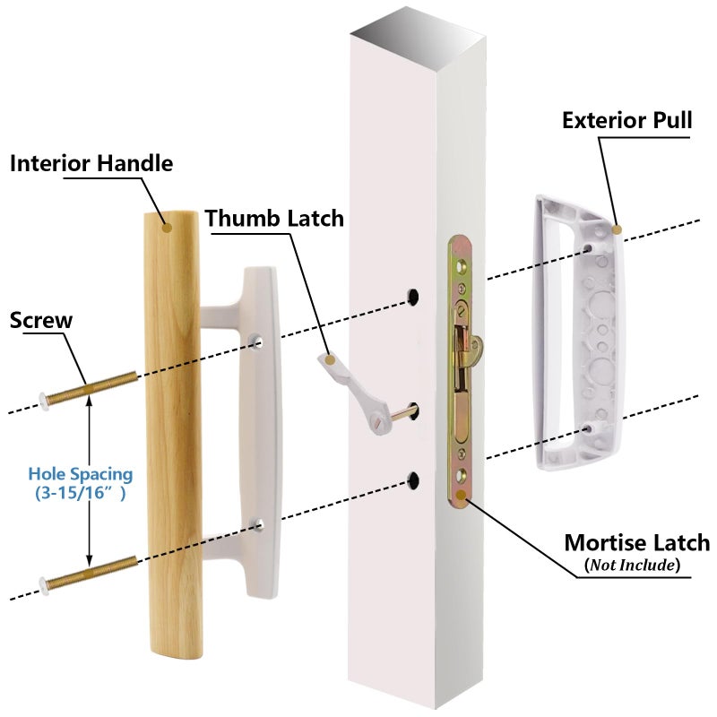 TPard Sliding Glass Patio Door Handle Replacement Set with Oak Wood Inside Handles and Zinc Diecast Outside Pull, 3-15/16" Hole Spacing, Non-Handed, White - Image 3
