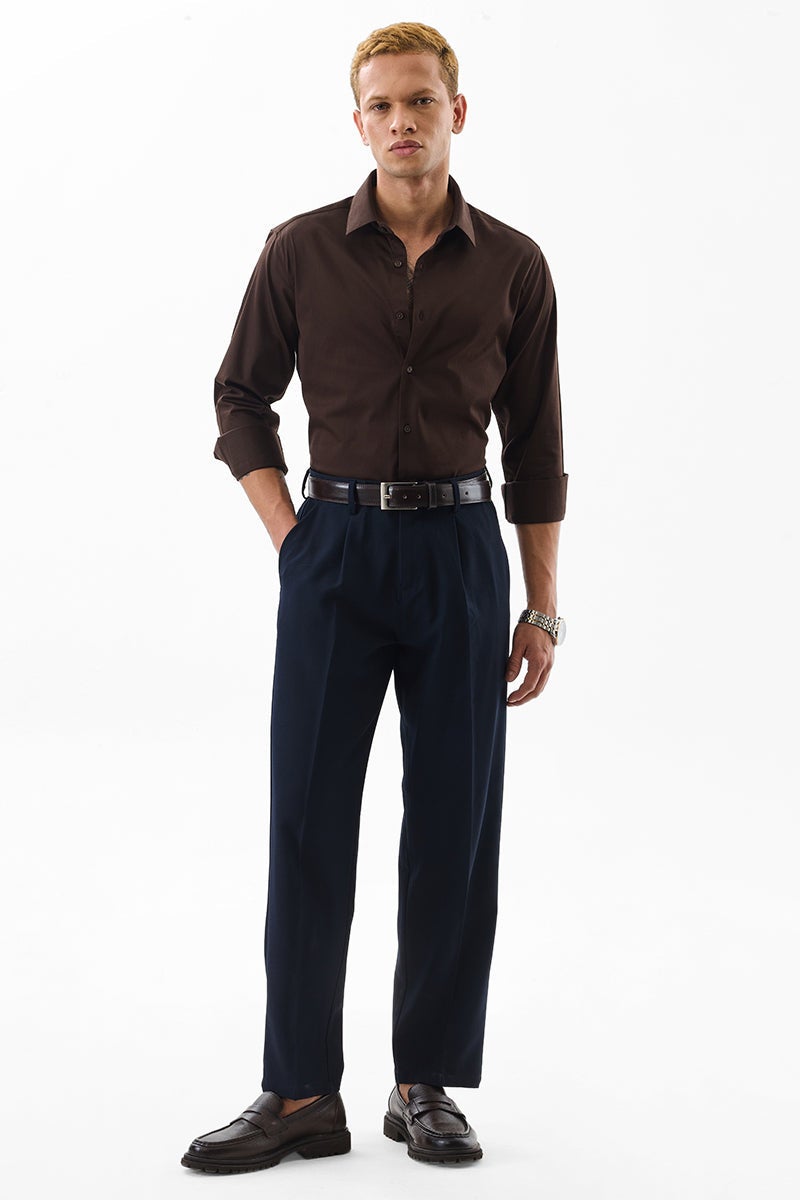 SNITCH Dark Brown Solid Long Sleeve Slim Fit Formal Luxe Shirt - Image 3