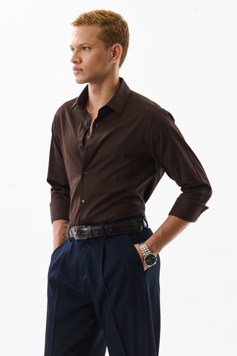 SNITCH Dark Brown Solid Long Sleeve Slim Fit Formal Luxe Shirt - Image 5