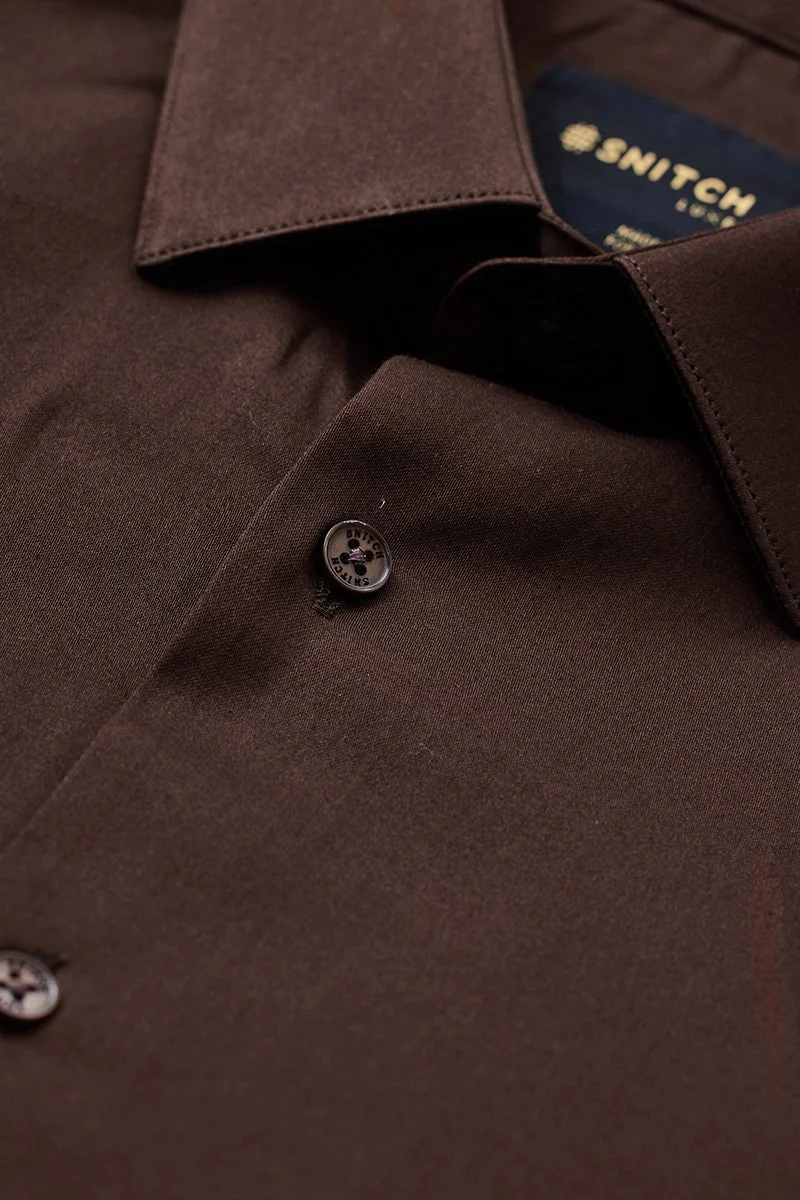 SNITCH Dark Brown Solid Long Sleeve Slim Fit Formal Luxe Shirt
