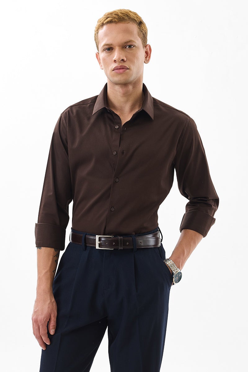 SNITCH Dark Brown Solid Long Sleeve Slim Fit Formal Luxe Shirt - Image 4