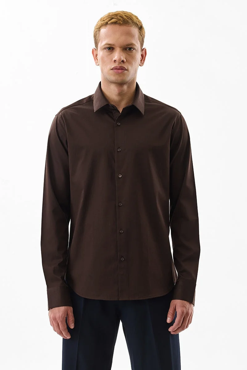 SNITCH Dark Brown Solid Long Sleeve Slim Fit Formal Luxe Shirt