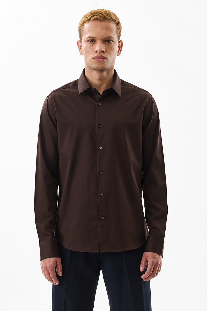 SNITCH Dark Brown Solid Long Sleeve Slim Fit Formal Luxe Shirt - Image 1