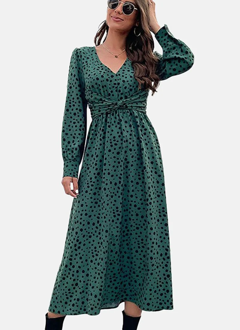يونيكي Green Basic Animal Print V Neck Long Sleeve Dress
