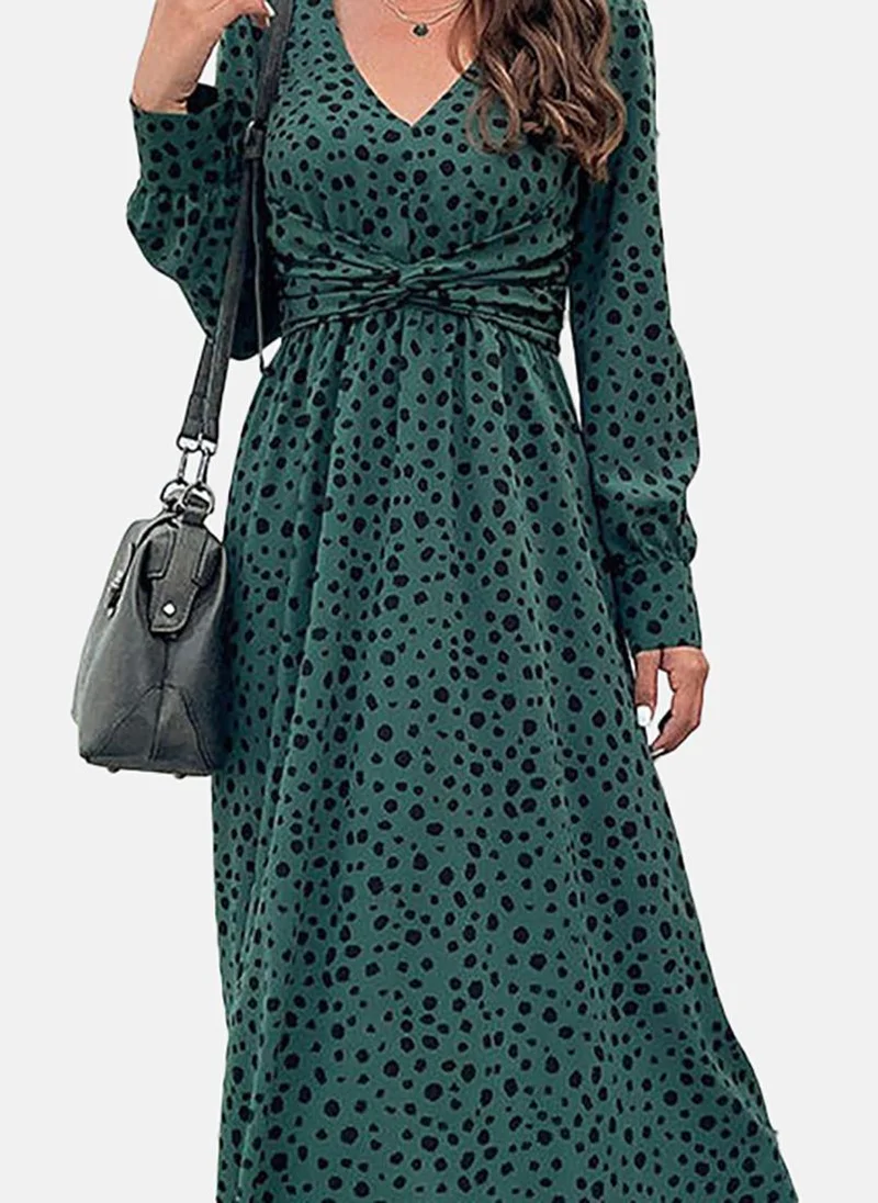 يونيكي Green Basic Animal Print V Neck Long Sleeve Dress