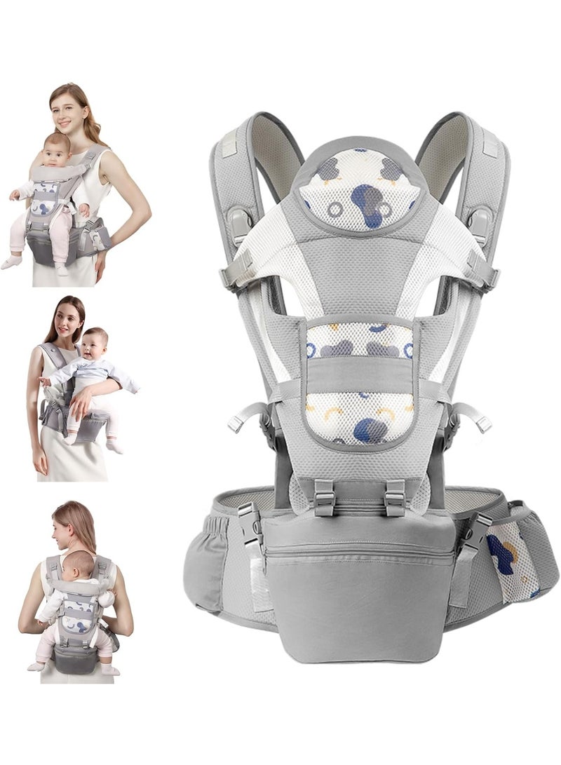 Stanew Baby Carrier Hip Seat & Head Hood, Breathable Detachable Infant Carrier, Adjustable Shoulder Straps, Waist Size up to 120cm for 0-48 Months Baby, Max Load 25kg - Image 1