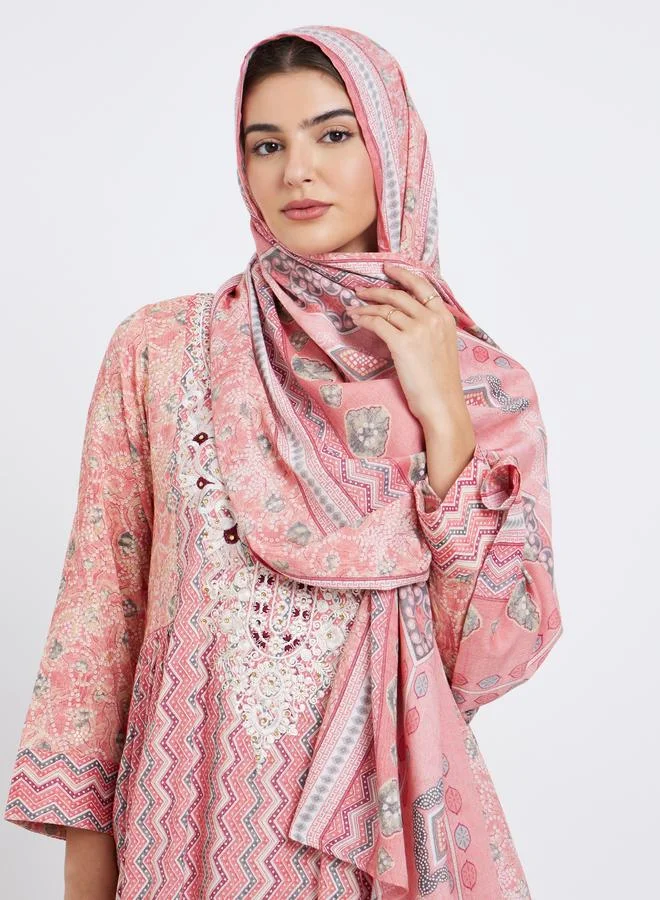 Amirah Amirah Floral Print Lace Insert Maxi Jalabiya