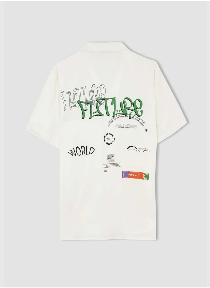 DeFacto Regular Fit Shot Sleeve Minimal Slogan Print Shirt