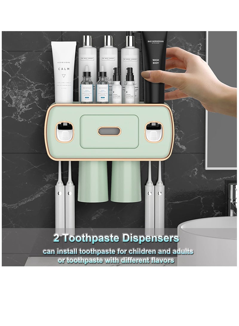 Excefore Toothbrush Holders for Bathrooms, 2 Cups Toothbrush Holder Wall Mounted with Toothpaste Dispenser, Large Capacity Tray, Cosmetic Drawer - Tooth Brushing Holder & Bathroom Accessories, 2 Cup, Green - Image 3