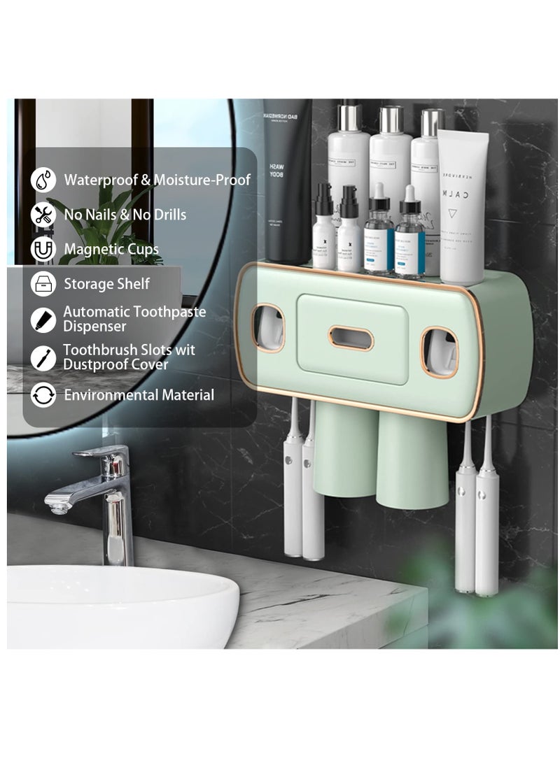 Excefore Toothbrush Holders for Bathrooms, 2 Cups Toothbrush Holder Wall Mounted with Toothpaste Dispenser, Large Capacity Tray, Cosmetic Drawer - Tooth Brushing Holder & Bathroom Accessories, 2 Cup, Green - Image 2