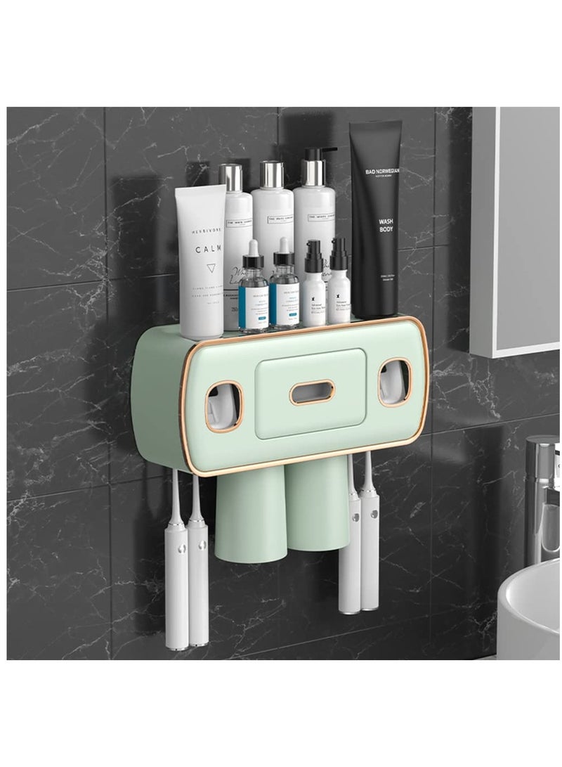 Excefore Toothbrush Holders for Bathrooms, 2 Cups Toothbrush Holder Wall Mounted with Toothpaste Dispenser, Large Capacity Tray, Cosmetic Drawer - Tooth Brushing Holder & Bathroom Accessories, 2 Cup, Green - Image 1