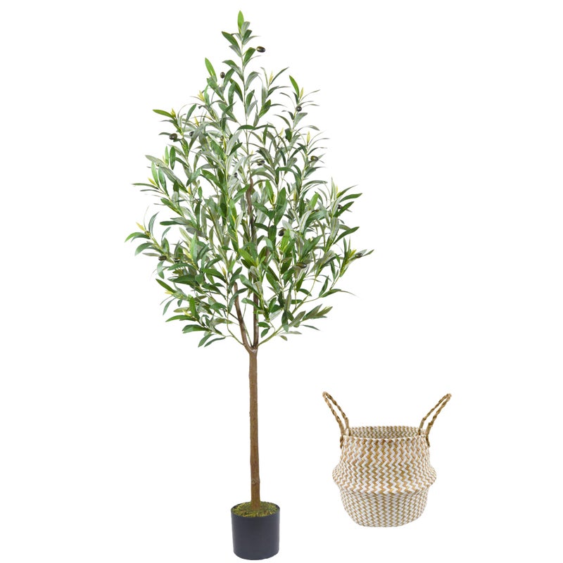 Warmplants Artificial Olive Tree, 4ft Tall Fake Olive Leaves Plant with Basket, Indoor Outdoor Faux Olive Topiary Silk Tree for Home Livingroom Office DÃ©cor - Image 1