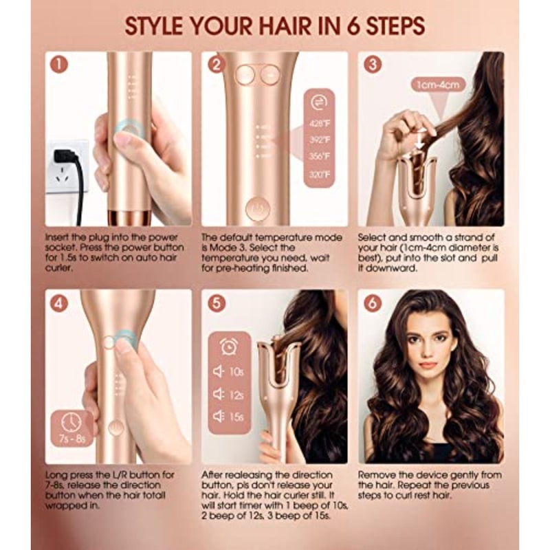 Automatic Curling Iron, Auto Hair Curler with 1" Curling Wand Large Slot and 4 Temperature and 3 Timer, Dual Voltage Anti-Tangle Rotating Curling Iron with Auto Shut-Off for Hair Styling, Champagne - Image 2