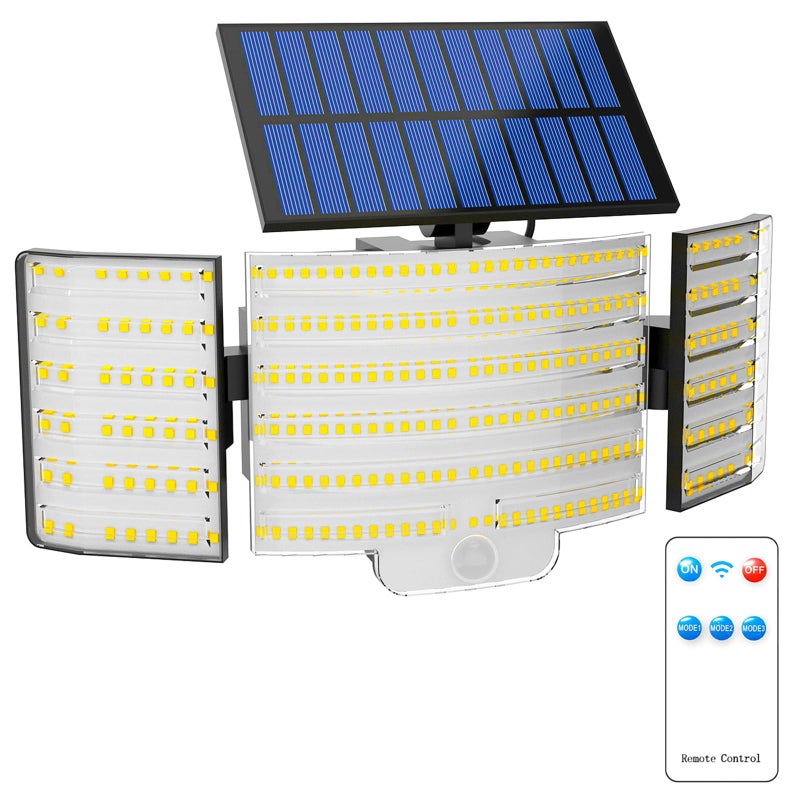 JJX Solar Outdoor Lights 3000LM 238 LED, 1 Pack 3-Head Motion Sensor Outdoor Lights, 6500K IP65 Waterproof 3 Lighting Modes Solar Security Light for Yard Garden Driveway with Remote Control - Image 1
