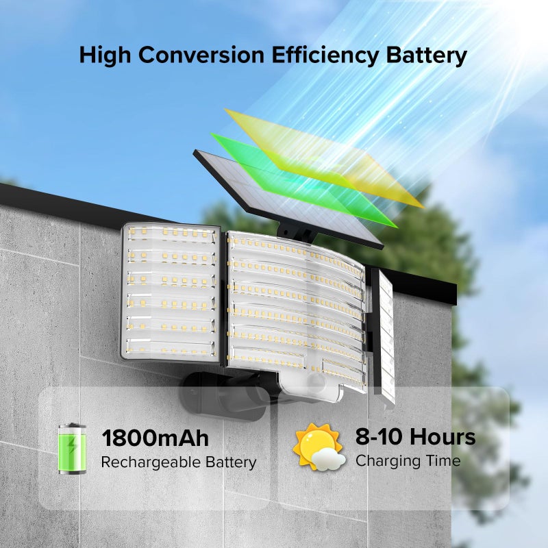 JJX Solar Outdoor Lights 3000LM 238 LED, 1 Pack 3-Head Motion Sensor Outdoor Lights, 6500K IP65 Waterproof 3 Lighting Modes Solar Security Light for Yard Garden Driveway with Remote Control - Image 4