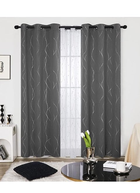 2-Piece Wave Dot and Line Pattern Thermal Insulated Blackout Curtains Dark Grey 100x200cm