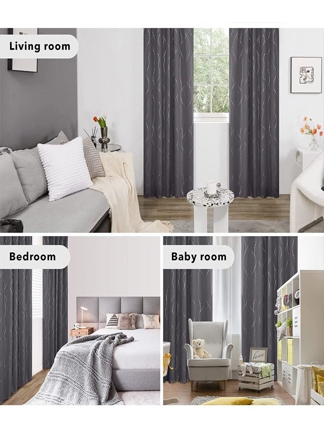 Arabest - 2-Piece Wave Dot and Line Pattern Thermal Insulated Blackout Curtains Dark Grey 100x200cm - Image 1