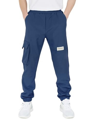 CAMLAKEE Boys' Cargo Joggers Pants Kids Elastic Waist Water Resistant Youth Outdoor Hiking Pants Navy 12-13 Years Size 160 - Image 1