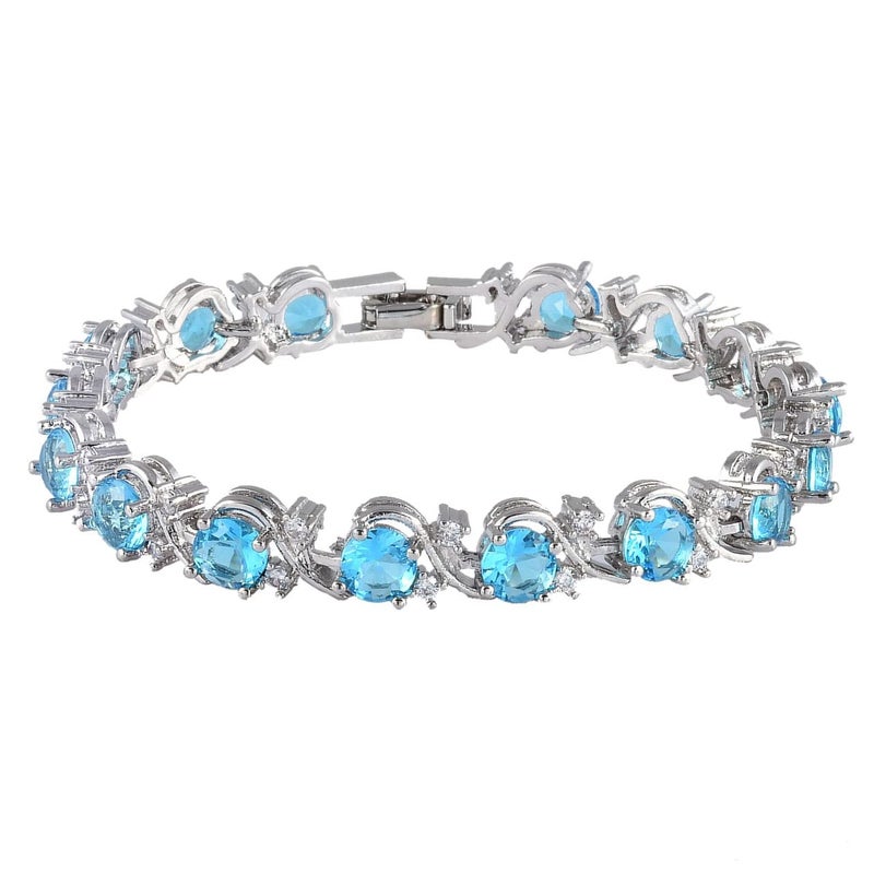 RIZILIA BLOSSOM Tennis Bracelet & Round Cut CZ [6 Colors available] in White Gold Plated, 7" (Blue Topaz) - Image 2