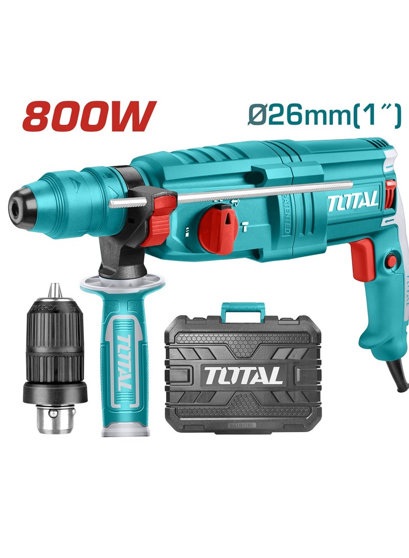 TOTAL TH308268-2 Rotary Hammer Drill 800W SDS Plus Electric Hammer Drill Machine with 4 Function Modes, 2.5J Impact Energy, Variable Speed, Forward Reverse Rotation and Carry Case for Concrete, Steel and Wood Drilling. - Image 2