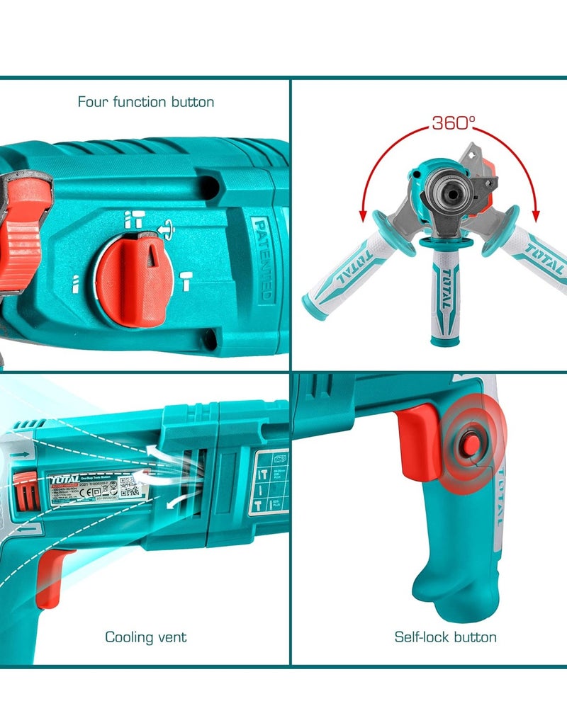 TOTAL TH308268-2 Rotary Hammer Drill 800W SDS Plus Electric Hammer Drill Machine with 4 Function Modes, 2.5J Impact Energy, Variable Speed, Forward Reverse Rotation and Carry Case for Concrete, Steel and Wood Drilling. - Image 3