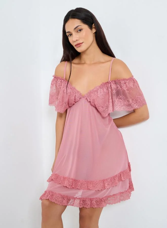 Take Two Take Two Solid Ruffle Lace Hem Cami Slip Dress