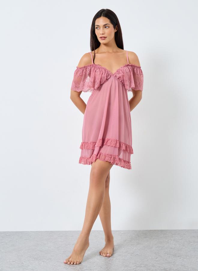 Take Two Solid Ruffle Lace Hem Cami Slip Dress - Image 2