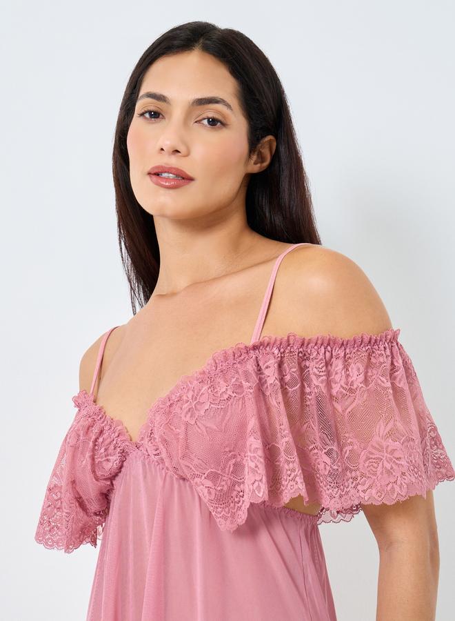 Take Two Solid Ruffle Lace Hem Cami Slip Dress - Image 3
