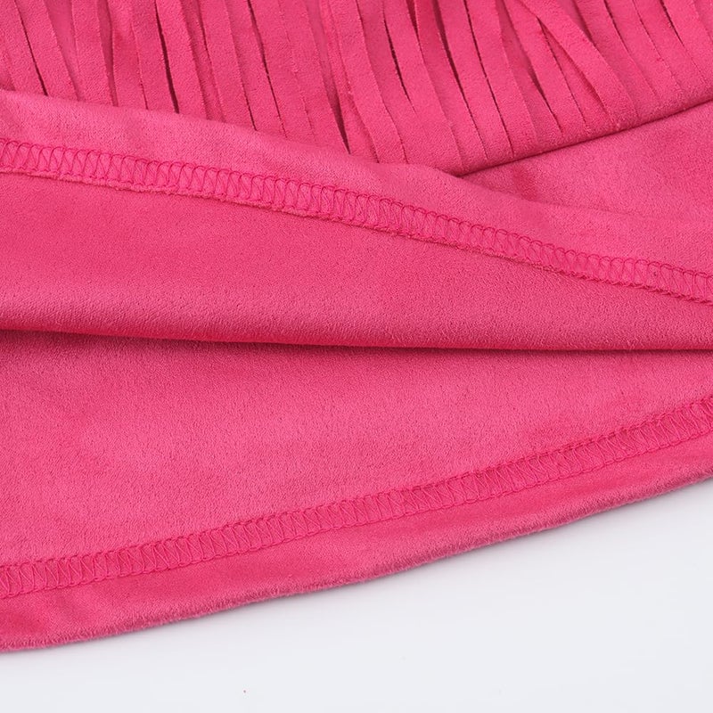 Noomelfish Women Suede Fringe Skirt Boho Tassel Layered Ruffle Skirt, Hot Pink, Small - Image 5